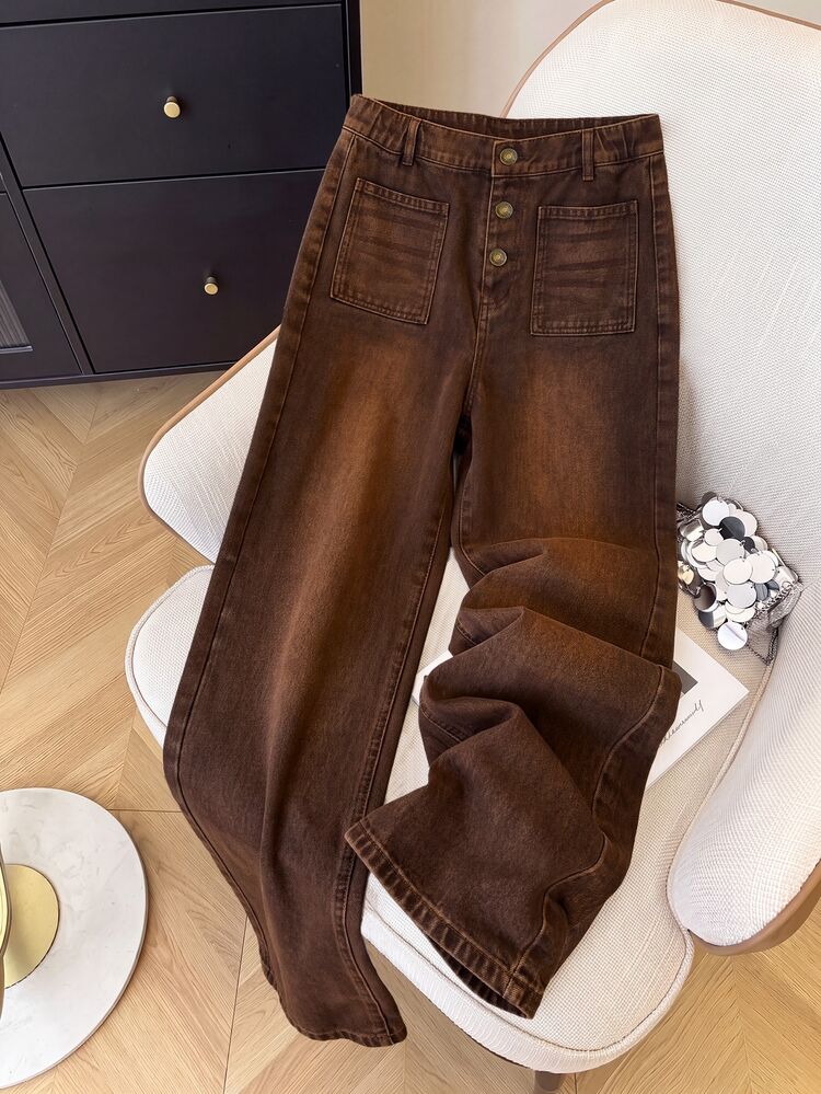 Teen Girls Y2K Brown Vintage Denim Straight Leg Jeans, High Waist Loose Wide Leg Jeans With Positioned Spray White - Brown - View 8