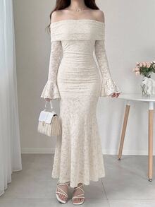 DAZY Women's Elegant Solid Color Lace Off-Shoulder Flare Sleeve Long Dress, Spring/Summer Dress Sundress - Apricot - View 6