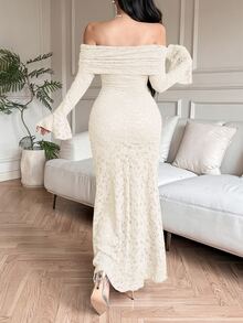 DAZY Women's Elegant Solid Color Lace Off-Shoulder Flare Sleeve Long Dress, Spring/Summer Dress Sundress - Apricot - View 2