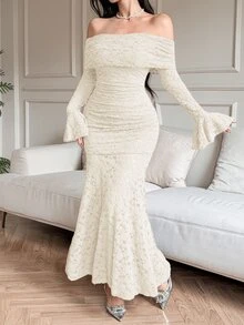 DAZY Women's Elegant Solid Color Lace Off-Shoulder Flare Sleeve Long Dress, Spring/Summer Dress Sundress - Apricot - View 3