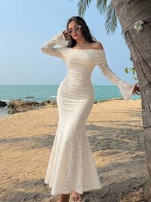 DAZY Women's Elegant Solid Color Lace Off-Shoulder Flare Sleeve Long Dress, Spring/Summer Dress Sundress - Apricot - View 1