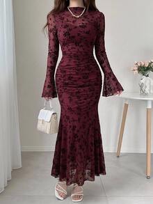 DAZY Women's Elegant Lace Pleated Fishtail Dress, Spring/Summer Sun Dresses For Women - Burgundy - View 7