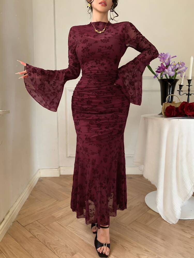 DAZY Women's Elegant Lace Pleated Fishtail Dress, Spring/Summer Sun Dresses For Women - Burgundy - View 8