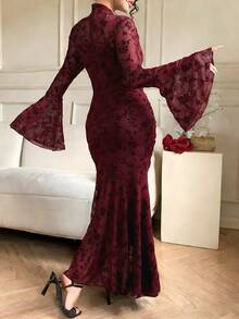 DAZY Women's Elegant Lace Pleated Fishtail Dress, Spring/Summer Sun Dresses For Women - Burgundy - View 2