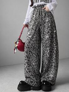 FRIFUL Women's Early Autumn New Korean Style Sequin Leopard Print Fabric Straight Leg Pants With Drawstring Waist - Green - View 2