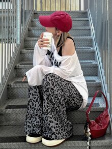 FRIFUL Women's Early Autumn New Korean Style Sequin Leopard Print Fabric Straight Leg Pants With Drawstring Waist - Green - View 6