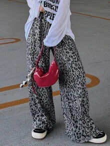 FRIFUL Women's Early Autumn New Korean Style Sequin Leopard Print Fabric Straight Leg Pants With Drawstring Waist - Green - View 4