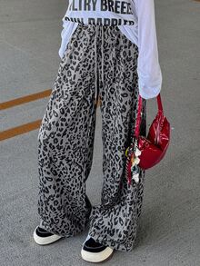 FRIFUL Women's Early Autumn New Korean Style Sequin Leopard Print Fabric Straight Leg Pants With Drawstring Waist - Green - View 8