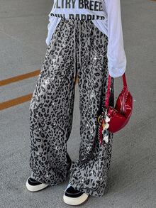 FRIFUL Women's Early Autumn New Korean Style Sequin Leopard Print Fabric Straight Leg Pants With Drawstring Waist - Green - View 1