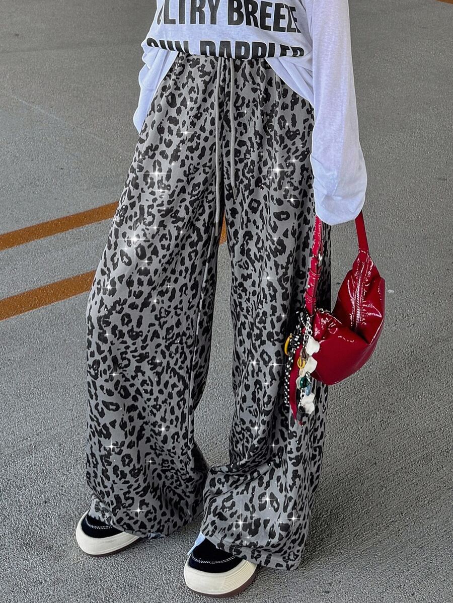 FRIFUL Women's Early Autumn New Korean Style Sequin Leopard Print Fabric Straight Leg Pants With Drawstring Waist - Green - View 1