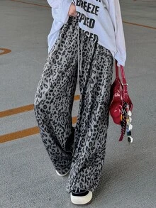 FRIFUL Women's Early Autumn New Korean Style Sequin Leopard Print Fabric Straight Leg Pants With Drawstring Waist - Green - View 7