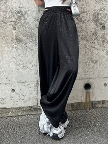FRIFUL Women's Solid Color Cross Waist Wide Leg Loose Pants Fall - Black - View 6