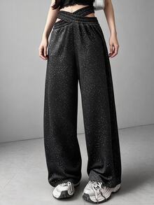 FRIFUL Women's Solid Color Cross Waist Wide Leg Loose Pants Fall - Black - View 9