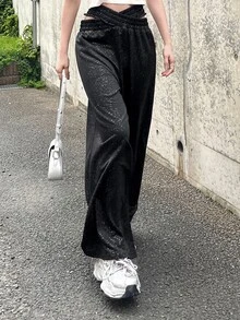 FRIFUL Women's Solid Color Cross Waist Wide Leg Loose Pants Fall - Black - View 3