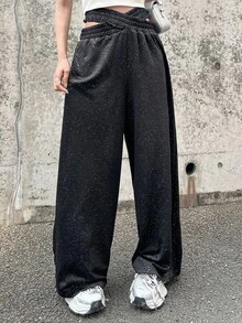 FRIFUL Women's Solid Color Cross Waist Wide Leg Loose Pants Fall - Black - View 4
