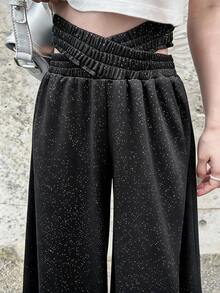 FRIFUL Women's Solid Color Cross Waist Wide Leg Loose Pants Fall - Black - View 1