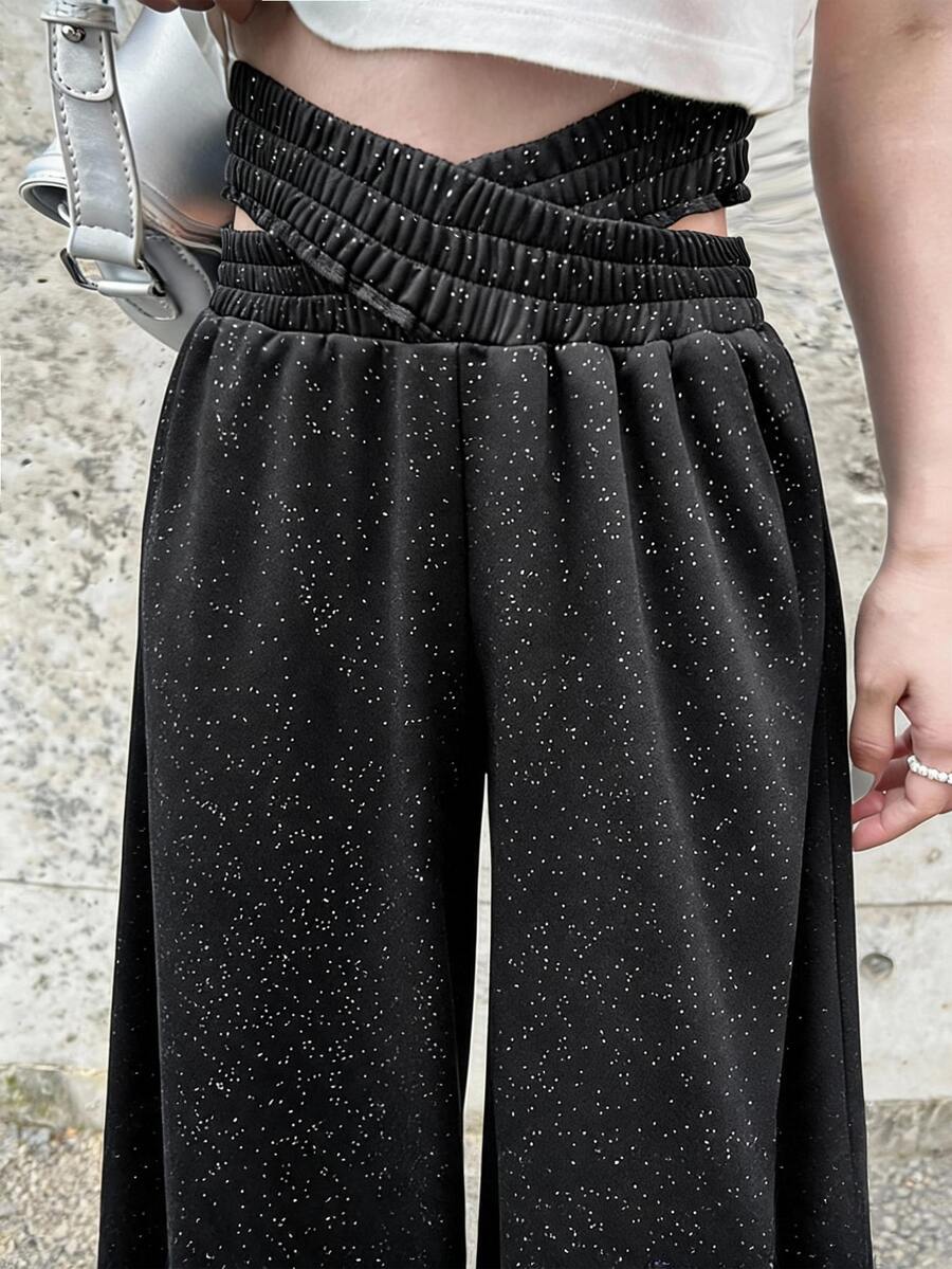 FRIFUL Women's Solid Color Cross Waist Wide Leg Loose Pants Fall - Black - View 1