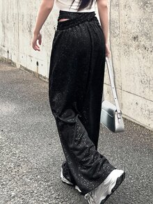 FRIFUL Women's Solid Color Cross Waist Wide Leg Loose Pants Fall - Black - View 7