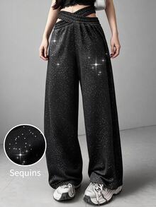 FRIFUL Women's Solid Color Cross Waist Wide Leg Loose Pants Fall - Black - View 2