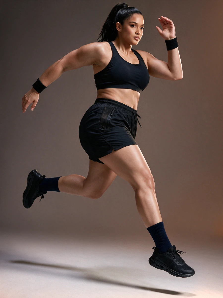 Powerista Women's Plus Size All Seasons Black Solid Color Athletic Shorts With Built-In Compression And Side Pocket For Running And Gym Workouts
