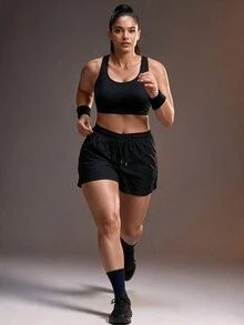 Powerista Women's Plus Size All Seasons Black Solid Color Athletic Shorts With Built-In Compression And Side Pocket For Running And Gym Workouts - Black - View 5