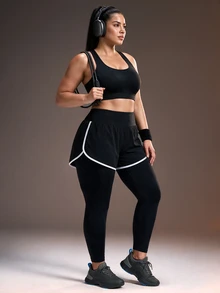 Powerista Women's Plus Size 2 In 1 Tight Leggings - Black and White - View 7