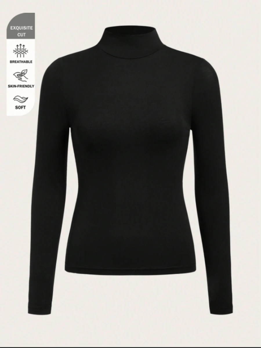 SHEIN BASICS Camisetas de cuello alto ajustadas de color sólido para mujer, tops negros - Negro - Ver 1