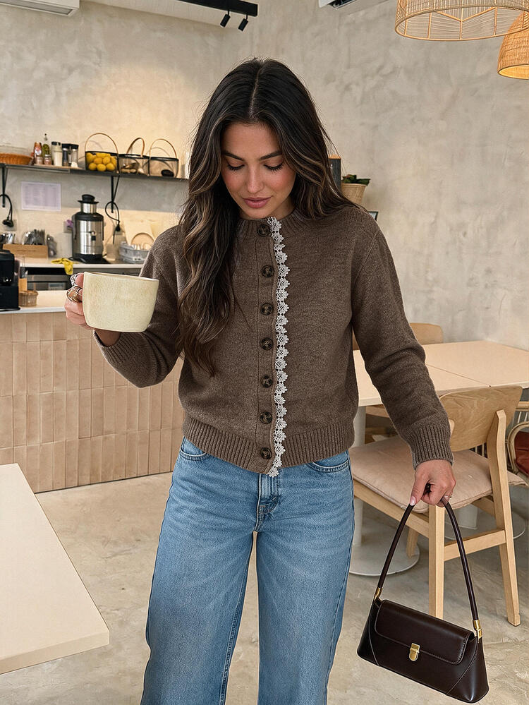 Serisse Mocha Layered Trim Knit Cardigan With Contrast Inner Panel & Button-Front Detail, Soft Touch Fabric, Minimal Luxe, Old Money Aesthetic, Quiet Luxury, Scandinavian Chic, Modern Basic, Office Casual, Smart Layering, Autumn Winter 2026 Style - Mocha Brown - View 5