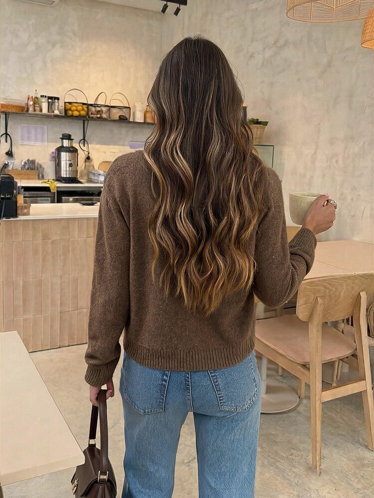 Serisse Mocha Layered Trim Knit Cardigan With Contrast Inner Panel & Button-Front Detail, Soft Touch Fabric, Minimal Luxe, Old Money Aesthetic, Quiet Luxury, Scandinavian Chic, Modern Basic, Office Casual, Smart Layering, Autumn Winter 2026 Style - Mocha Brown - View 2