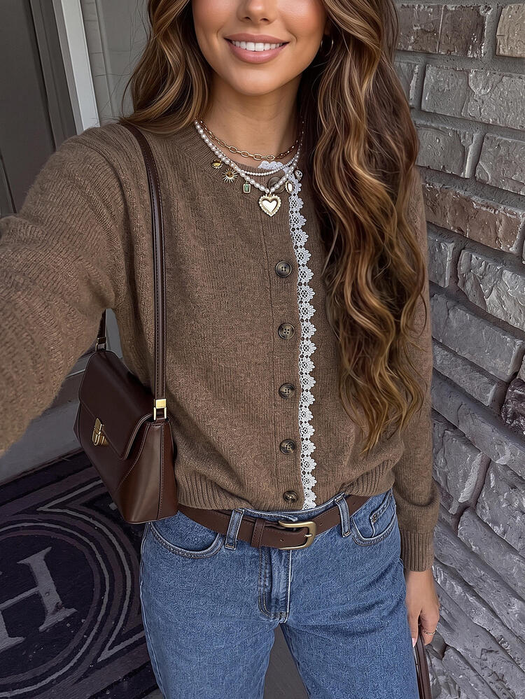 Serisse Mocha Layered Trim Knit Cardigan With Contrast Inner Panel & Button-Front Detail, Soft Touch Fabric, Minimal Luxe, Old Money Aesthetic, Quiet Luxury, Scandinavian Chic, Modern Basic, Office Casual, Smart Layering, Autumn Winter 2026 Style - Mocha Brown - View 6