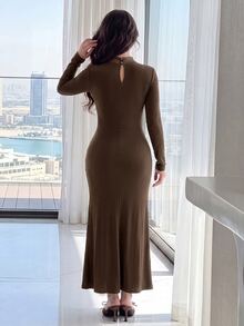 Feyla Women's Lace Patchwork Elegant Waist-Cinched Long Dress For Party Dinner And Gathering Coffee Brown Autumn - Rust Brown - View 3