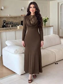 Feyla Women's Lace Patchwork Elegant Waist-Cinched Long Dress For Party Dinner And Gathering Coffee Brown Autumn - Rust Brown - View 4