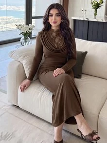 Feyla Women's Lace Patchwork Elegant Waist-Cinched Long Dress For Party Dinner And Gathering Coffee Brown Autumn - Rust Brown - View 6