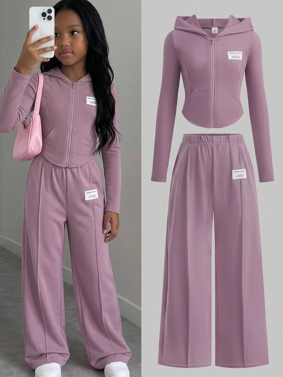 SHEIN Tween Girls Pink Knitted Casual 2-Piece Set With Hoodie, Fashionable Versatile Streetwear - Purple - View 1