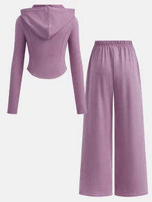 SHEIN Tween Girls Pink Knitted Casual 2-Piece Set With Hoodie, Fashionable Versatile Streetwear - Purple - View 2