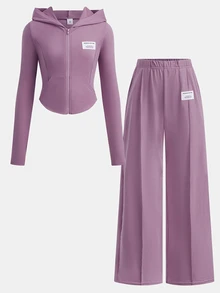 SHEIN Tween Girls Pink Knitted Casual 2-Piece Set With Hoodie, Fashionable Versatile Streetwear - Purple - View 10
