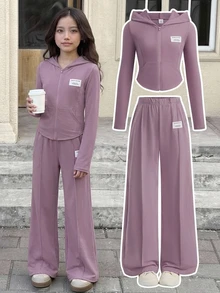 SHEIN Tween Girls Pink Knitted Casual 2-Piece Set With Hoodie, Fashionable Versatile Streetwear - Purple - View 11