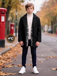 SHEIN Kids Tween Boy Black Overcoats Casual Mid-Length Black Overcoat, Suitable For Autumn/Winter, School - Black - View 3