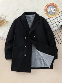 SHEIN Kids Tween Boy Black Overcoats Casual Mid-Length Black Overcoat, Suitable For Autumn/Winter, School - Black - View 4