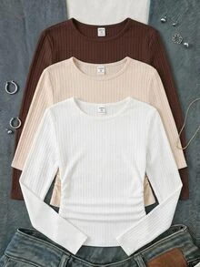 SHEIN 兒童青少年女孩簡約休閒3件套 多功能日常長袖T恤上衣，適合四季穿著，秋冬款 - 彩色 - 查看 3