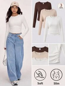 SHEIN 兒童青少年女孩簡約休閒3件套 多功能日常長袖T恤上衣，適合四季穿著，秋冬款 - 彩色 - 查看 2