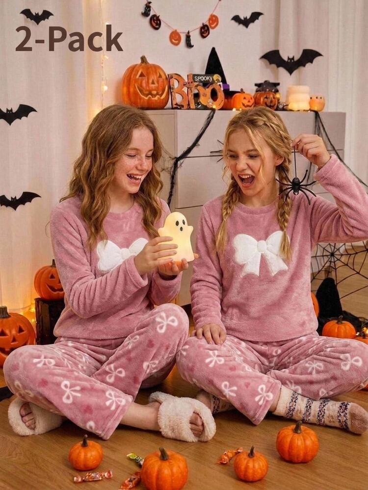 SHEIN Tween Girls Plush Bow Tween Girl Embroidery Print Bow Long Sleeve Pants Set Fall/Winter Outfits - Baby Pink - View 7