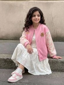 Tween Girl Bear Patched Kids Simple Casual Baseball Jacket , Fall/Winter Christmas/Halloween - Pink - View 4