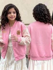 Tween Girl Bear Patched Kids Simple Casual Baseball Jacket , Fall/Winter Christmas/Halloween - Pink - View 3