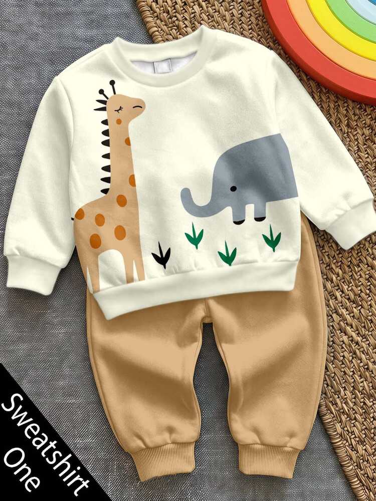 Young Boy Long Sleeve Crew Neck Sweatshirt, Classic Cute Cartoon Giraffe And Elephant Graphic Print, Cool Animal Party Pattern Print, Suitable For Autumn/Winter - Multicolor - View 1