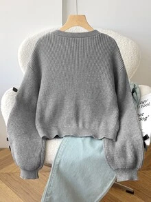 SHEIN 青少年女孩開襟針織外套 秋冬灰色蝴蝶結裝飾 休閒寬鬆落肩長袖毛衣開襟衫 英倫學院風毛衣夾克 - 深灰色 - 查看 2