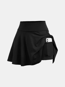 SHEIN 青少年女孩黑色針織彈性腰工裝口袋喇叭運動裙褲，內建內褲，夏季運動風網球裙，休閒寬鬆舞會健身穿搭 - 黑色 - 查看 3