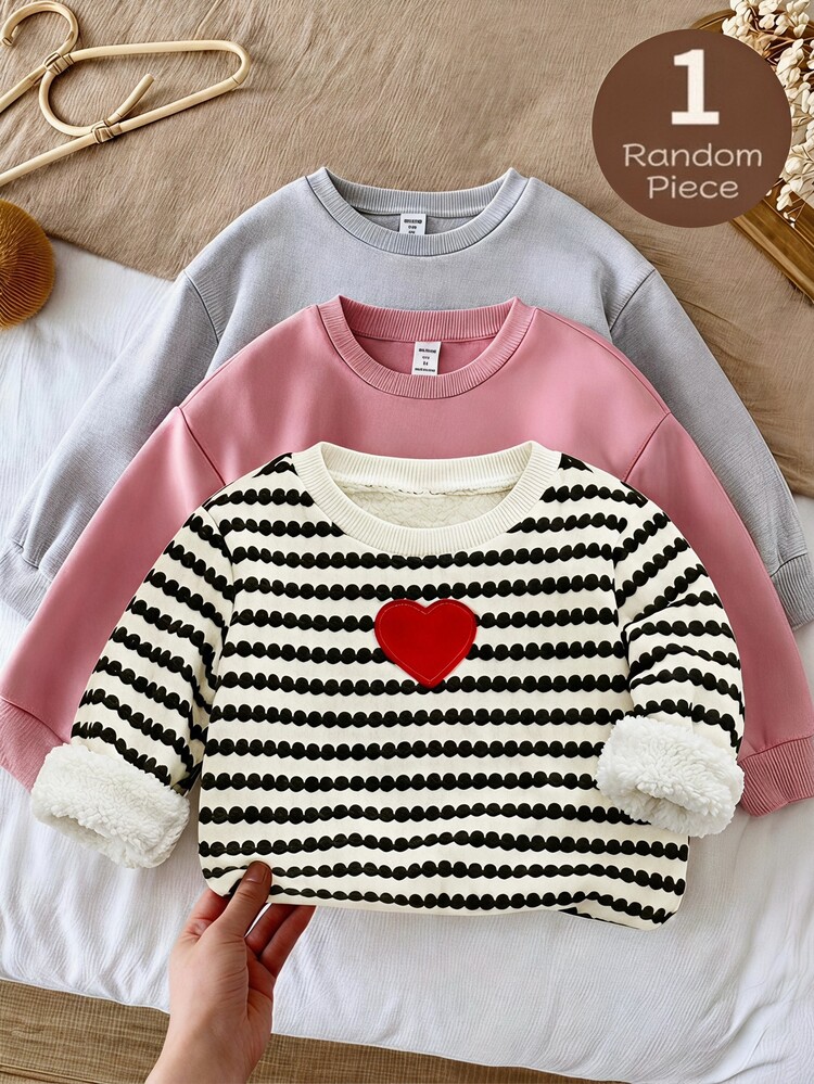 SHEIN Young Girl Young Girl Young Girl Young Girl Knitted Striped Heart Patch Casual Autumn Winter Sweatshirt - Black and White - View 1