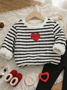SHEIN 少女款針織條紋愛心貼布休閒衛衣，秋冬穿著 - 黑與白 - 查看 4