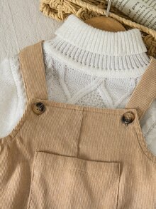 SHEIN 新生女嬰編織可愛百搭休閒卡其色3D對比蝴蝶結連身衣，適合春夏秋冬四季穿著 - 卡其色 - 查看 5